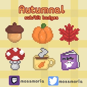 May include: A set of six pixel art badges featuring autumnal themes. The badges include a brown acorn, an orange pumpkin, a red maple leaf, a red and white mushroom, a brown and yellow coffee mug, and a purple book with a white ghost.