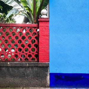 Può includere: Una vivace scena all'aperto con una recinzione in mattoni rossi con un motivo circolare, un muro blu brillante e un rigoglioso fogliame verde. La recinzione e il muro creano un contrasto sorprendente, con una base in pietra grigio scuro e un marciapiede in cemento.