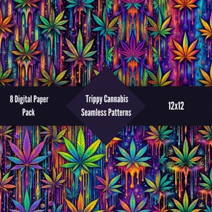 Trippy Cannabis Digital Paper Pack – 8 Seamless Psychedelic Weed Patterns | 420 Scrapbook & Craft Backgrounds