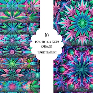 Könnte beinhalten: Eine Sammlung von zehn psychedelischen und trippigen Cannabis-Nahtmustern. Die Designs zeigen leuchtende Farben, darunter Pink, Grün und Blau, mit komplizierten Cannabisblattmotiven. Die Muster werden in einer Vielzahl von Anordnungen angezeigt.