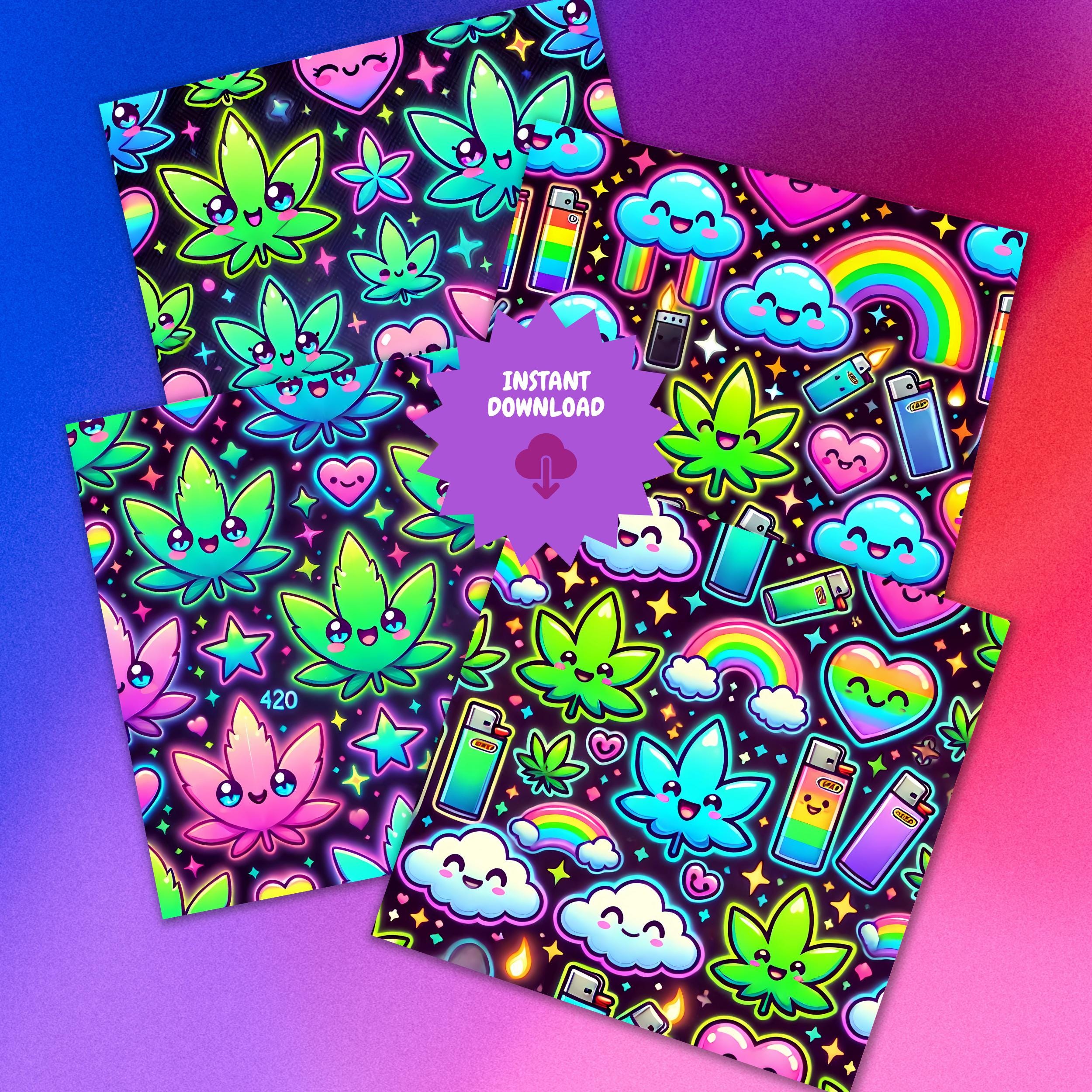 Neon Kawaii Cannabis Digital Paper Pack | Weed Scrapbook Trippy Stoner ...