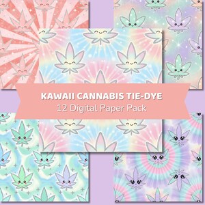 Kawaii Cannabis Tie Dye Digitalt Papperpaket | Pastellgräsblad (JPG eller PNG)