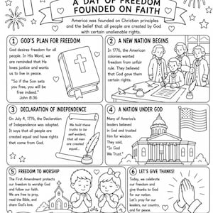 Peut inclure: Une page de coloriage &eacute;ducative en noir et blanc intitul&eacute;e The 4th of July, A Day of Freedom Founded on Faith. Elle pr&eacute;sente six panneaux num&eacute;rot&eacute;s avec des illustrations d'une Bible, de personnages historiques, d'un parchemin et d'enfants priant.
