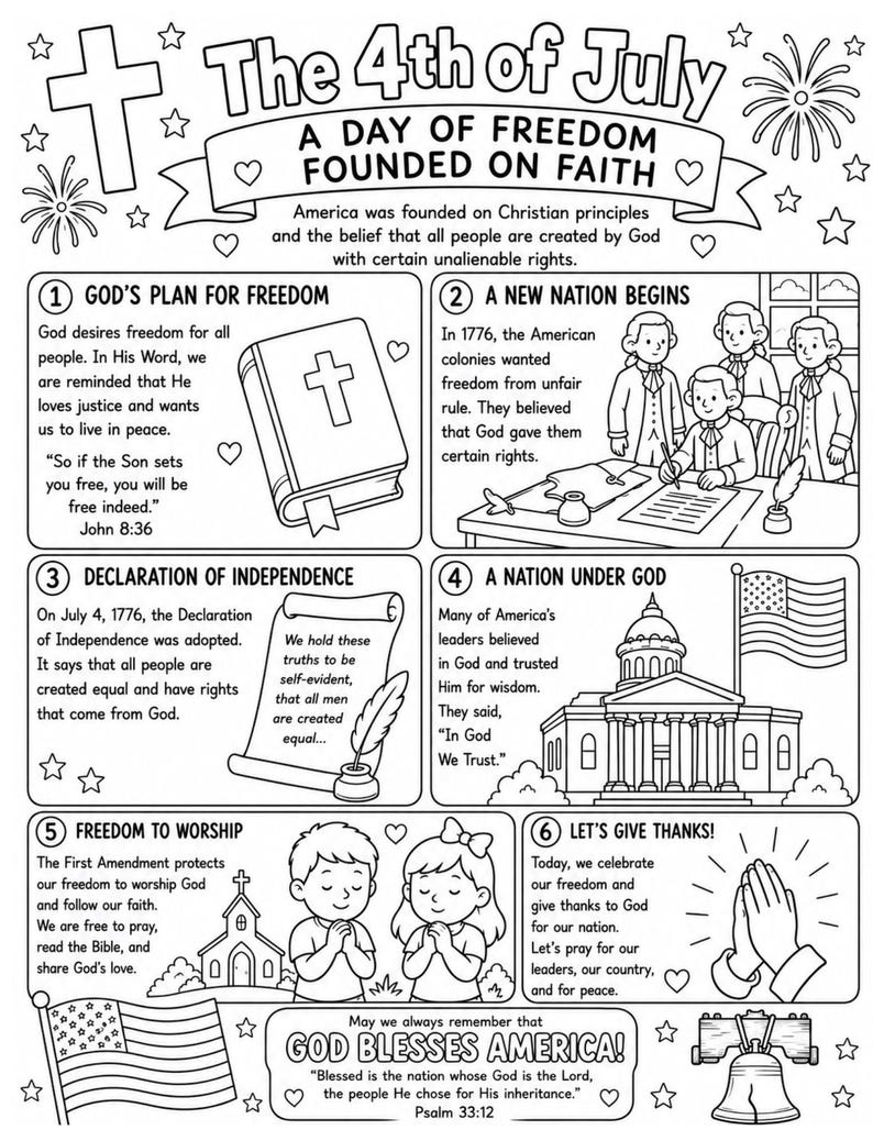 Peut inclure: Une page de coloriage &eacute;ducative en noir et blanc intitul&eacute;e The 4th of July, A Day of Freedom Founded on Faith. Elle pr&eacute;sente six panneaux num&eacute;rot&eacute;s avec des illustrations d'une Bible, de personnages historiques, d'un parchemin et d'enfants priant.
