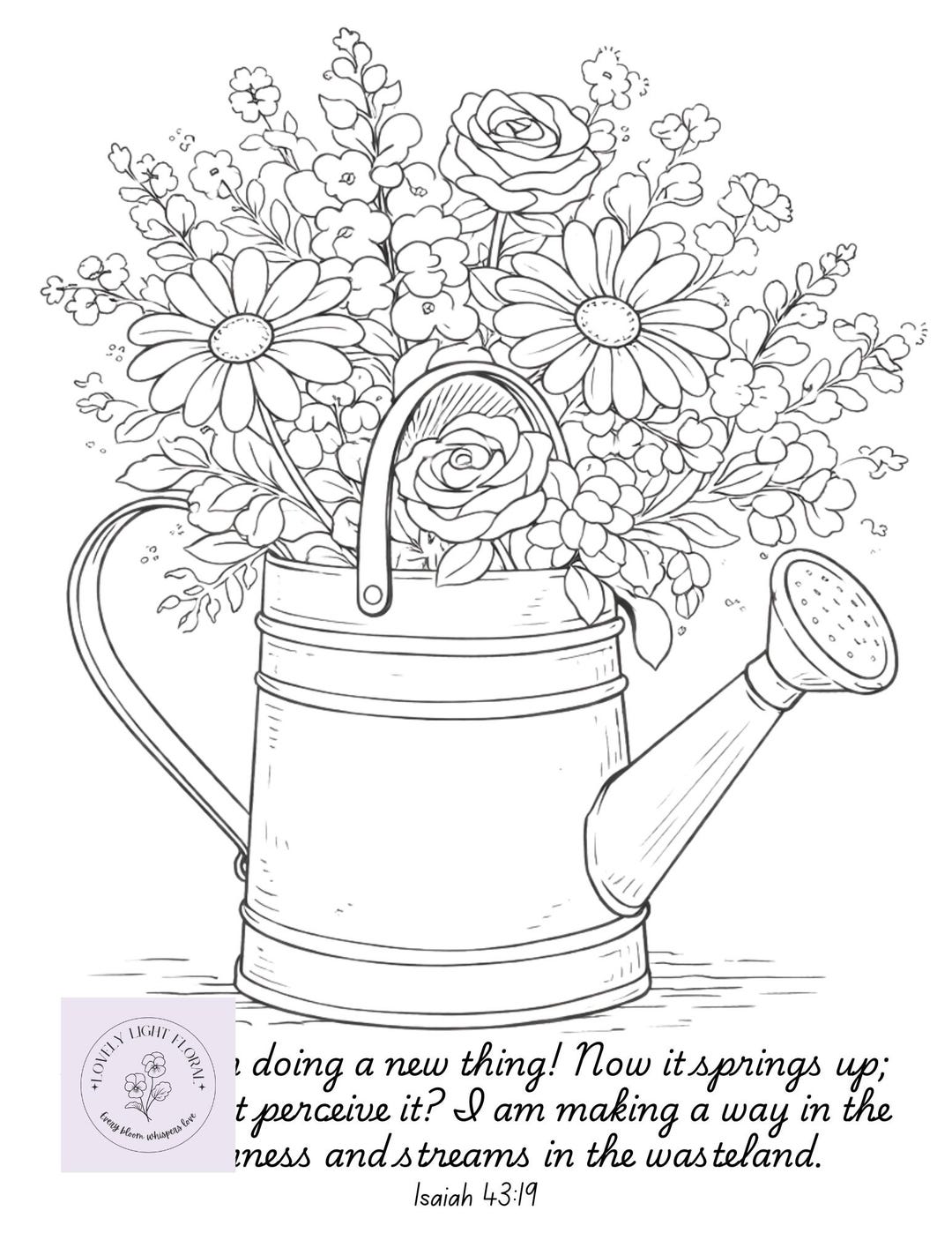 Spring Scripture Coloring Christian Spring Coloring Page | Isaiah 43:19 Floral Watering Can ...