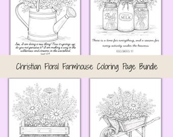 Christian Farmhouse Coloring Page Bundle | Scripture Floral Printable (PDF Download)