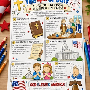 Peut inclure: Une fiche d'activit&eacute; &eacute;ducative imprimable intitul&eacute;e The 4th of July, A Day of Freedom Founded on Faith. Elle pr&eacute;sente six panneaux illustr&eacute;s avec du texte expliquant l'histoire am&eacute;ricaine, les principes chr&eacute;tiens, la D&eacute;claration d'ind&eacute;pendance et des symboles nationaux.