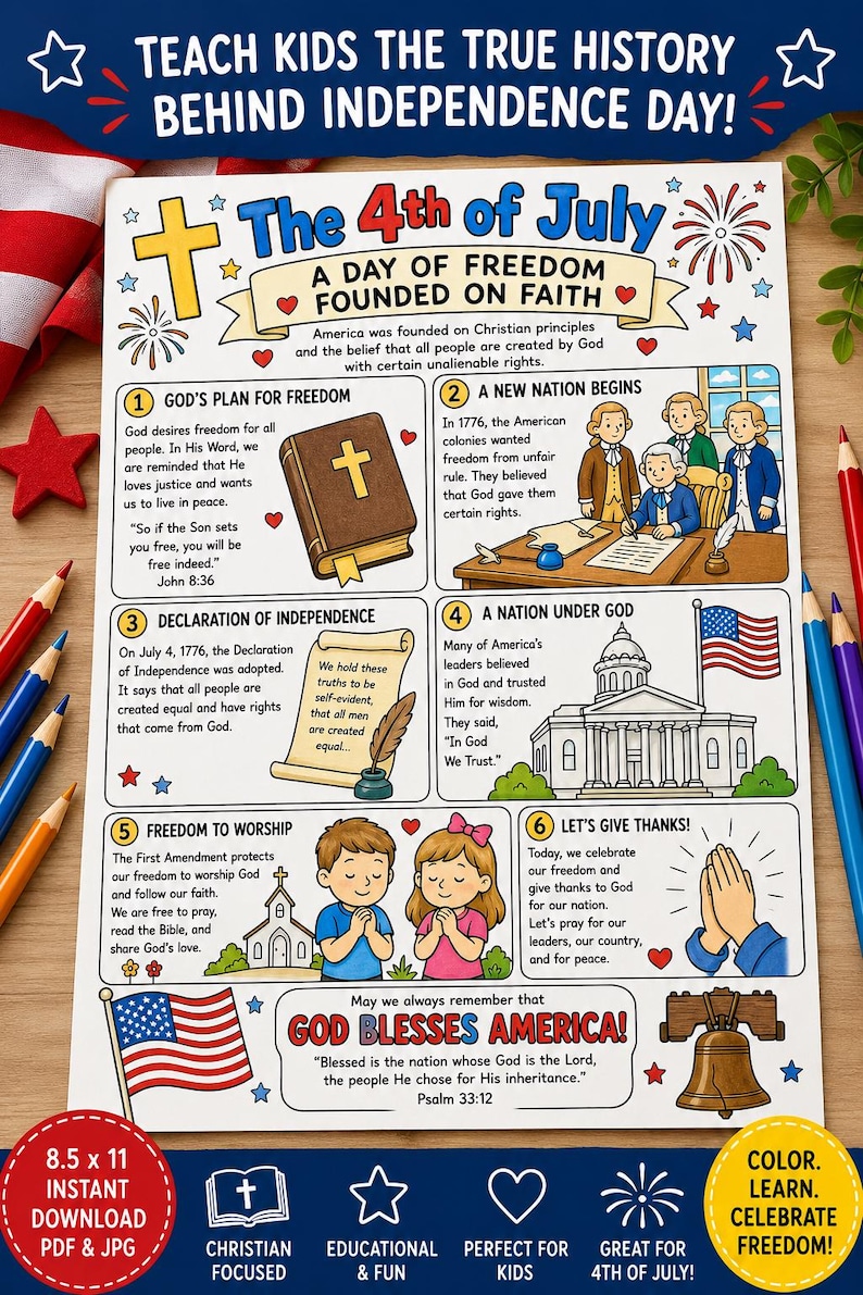 Peut inclure: Une fiche d'activit&eacute; &eacute;ducative imprimable intitul&eacute;e The 4th of July, A Day of Freedom Founded on Faith. Elle pr&eacute;sente six panneaux illustr&eacute;s avec du texte expliquant l'histoire am&eacute;ricaine, les principes chr&eacute;tiens, la D&eacute;claration d'ind&eacute;pendance et des symboles nationaux.