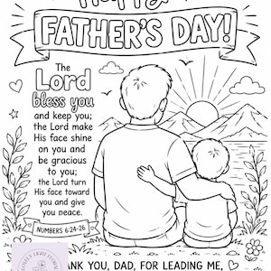 Fête des pères chrétienne à colorier père fils | Verset biblique imprimable pour enfants | Nombres 6:24-26 | Activité de l'école du dimanche pour la fête des pères