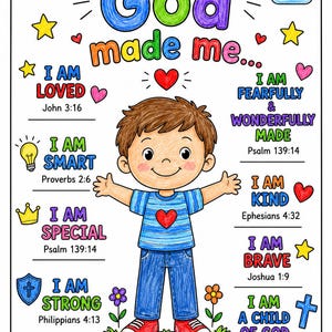 May include: A colorful illustration with the text "God made me..." and various affirmations like "I am loved" and "I am brave." A cartoon child with arms outstretched is in the center. Decorative elements include stars, hearts, and flowers.