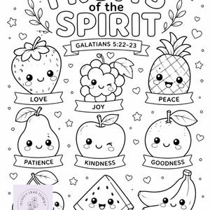 Fruits de l'esprit à colorier | Enfants chrétiens imprimables | Galates 5:22-23 Activité de versets bibliques | Coloriage école du dimanche