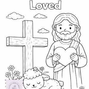 May include: Black and white line art illustration with the text "You Are So Loved". The image features a cross, Jesus holding a heart, a lamb, clouds, and flowers.