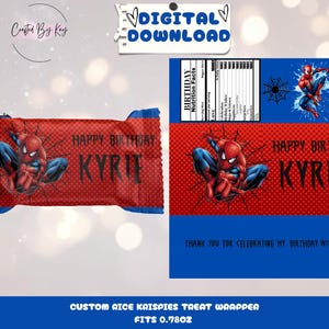 Pu&ograve; includere: Confezione per dolcetti stampabile rossa e blu con un design di personaggio di Spiderman. La confezione dice "Buon compleanno Kyrie" e "Grazie per aver festeggiato il mio compleanno con me".