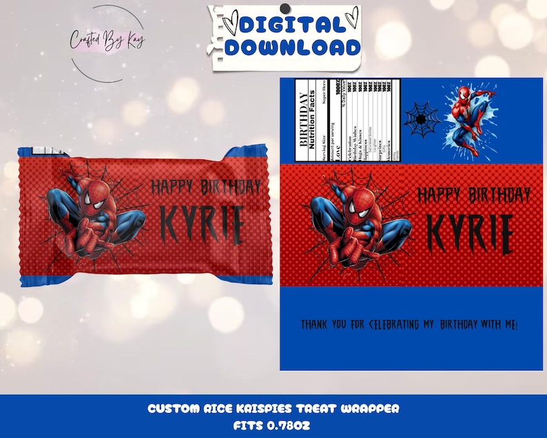 Pu&ograve; includere: Confezione per dolcetti stampabile rossa e blu con un design di personaggio di Spiderman. La confezione dice "Buon compleanno Kyrie" e "Grazie per aver festeggiato il mio compleanno con me".