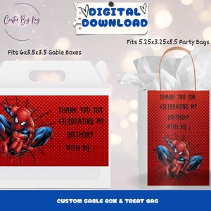 Pu&ograve; includere: Due modelli di bomboniere per feste stampabili con un personaggio di Spiderman rosso e blu. Il modello a sinistra &egrave; per una scatola a gable da 6x3,5x3,5 pollici. Il modello a destra &egrave; per una borsa per feste da 5,25x3,25x8,5 pollici. Entrambi i modelli includono il testo "Grazie per aver festeggiato il mio compleanno con me".