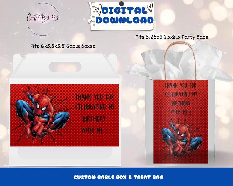 Pu&ograve; includere: Due modelli di bomboniere per feste stampabili con un personaggio di Spiderman rosso e blu. Il modello a sinistra &egrave; per una scatola a gable da 6x3,5x3,5 pollici. Il modello a destra &egrave; per una borsa per feste da 5,25x3,25x8,5 pollici. Entrambi i modelli includono il testo "Grazie per aver festeggiato il mio compleanno con me".