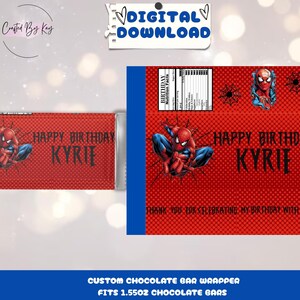 Pu&ograve; includere: Download digitale stampabile per un involucro di barretta di cioccolato personalizzato con un personaggio di Spiderman rosso e blu. L'involucro dice "Buon compleanno Kyrie" e include il testo "Grazie per aver festeggiato il mio compleanno con me".