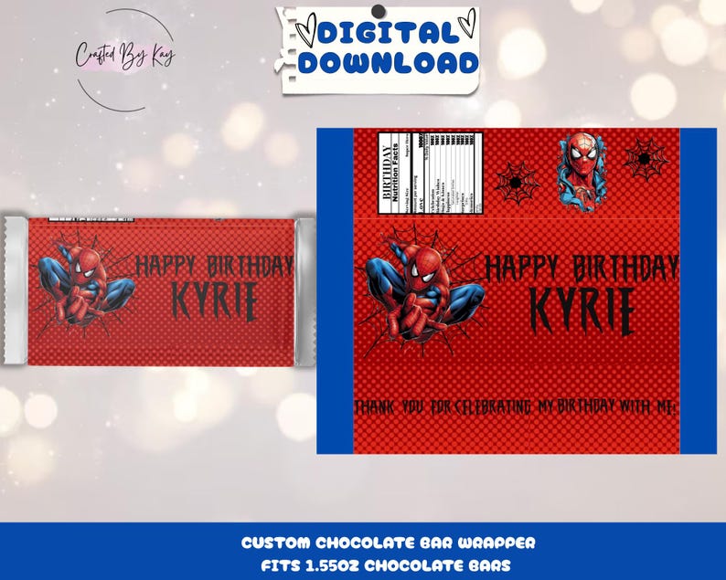 Pu&ograve; includere: Download digitale stampabile per un involucro di barretta di cioccolato personalizzato con un personaggio di Spiderman rosso e blu. L'involucro dice "Buon compleanno Kyrie" e include il testo "Grazie per aver festeggiato il mio compleanno con me".