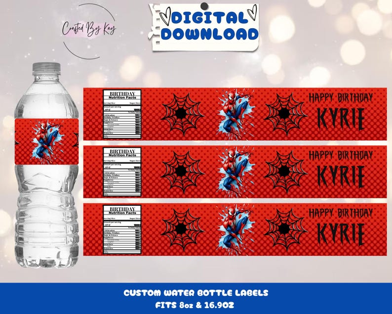 Pu&ograve; includere: Etichette per bottiglie d'acqua rosse, bianche e nere con un design a ragnatela e un supereroe dei cartoni animati. Le etichette recitano "Happy Birthday Kyrie".