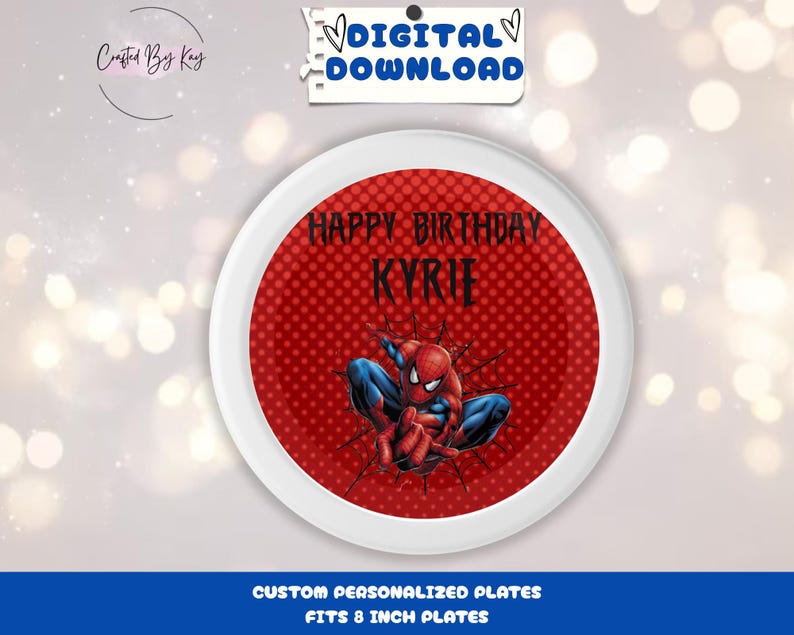 Pu&ograve; includere: Un design stampabile rosso e bianco per un piatto personalizzato da 20 cm di diametro con un personaggio di Spiderman e il testo "Happy Birthday Kyrie".