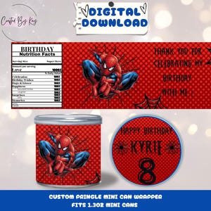Pu&ograve; includere: Un'etichetta per bomboniere di compleanno a tema Spiderman stampabile per una mini lattina di Pringles da 1,3 oz. L'etichetta presenta un design Spiderman rosso e nero con un motivo a ragnatela e il testo "Buon compleanno Kyrie 8".