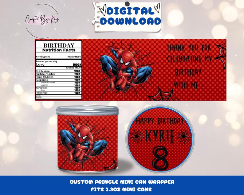 Pu&ograve; includere: Un'etichetta per bomboniere di compleanno a tema Spiderman stampabile per una mini lattina di Pringles da 1,3 oz. L'etichetta presenta un design Spiderman rosso e nero con un motivo a ragnatela e il testo "Buon compleanno Kyrie 8".