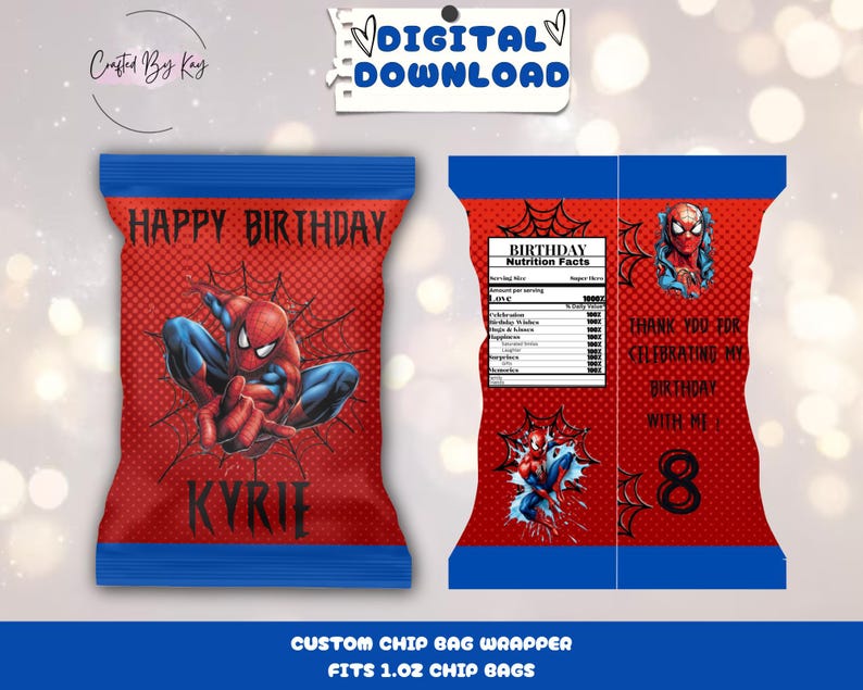 Pu&ograve; includere: Confezione per sacchetto di patatine fritte stampabile con un design rosso e blu con un personaggio di Spiderman, il testo "Happy Birthday Kyrie" e un'etichetta di informazioni nutrizionali. La confezione &egrave; progettata per adattarsi a sacchetti di patatine fritte da 1,02 once.
