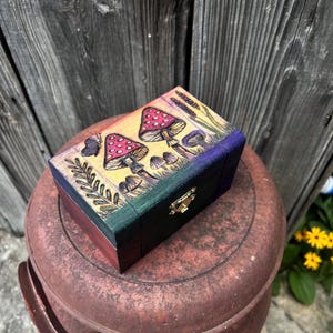 Hand Burned Mushroom Wooden Box: Pyrography Forest Keepsake