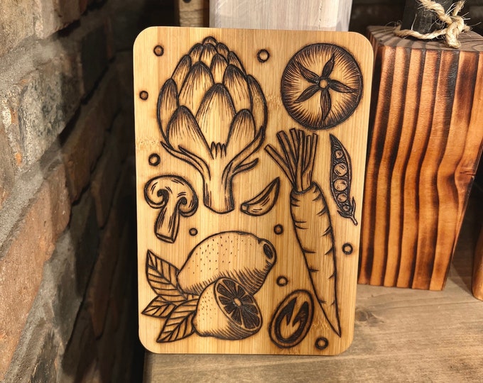 vegetable garden cutting board, hand engraved cutting board, vegan vegetarian cute Christmas gifts, botanical kitchen decor