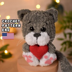 Cat Crochet PATTERN Heart Valentine&#39;s Day decor tutorial amigurumi pdf Kitten
