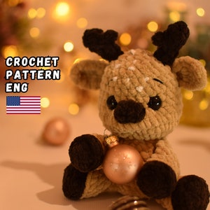 Haakpatroon kersthert, amigurumi-rendier, hertenamigurumi, pdf, Engels
