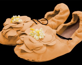 Handmade Canola Leather Ballet Flats with Rose Details