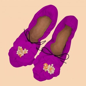 May include: A pair of purple fabric ballet flats with a flower embellishment made of white and orange beads.