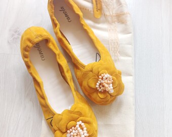 Handmade Yellow Leather Ballet Flats – Rose Embellished Wedding Shoes