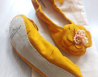 Canola Leather Suede Ballet Flats With Leather  and Rose accessories,  Yellow Ballerina, Personalized Shoes, Wedding Shoes, Yoga Shoes