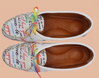 Foldable Printed Leather Shoes, Art Loafer Shoes, Street Shoes, Barefoot Shoes, Jazz Women Shoes, Turquoise Barefoot Shoes