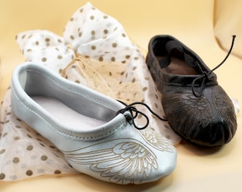 Conjunto de zapatillas de ballet con alas de ángel de piel y bolso de tul