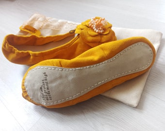 Canola Leather Suede Ballet Flats With Leather  and Rose accessories,  Yellow Ballerina, Personalized Shoes, Wedding Shoes, Yoga Shoes