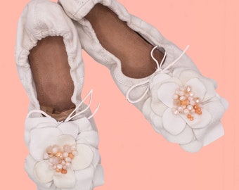 Handmade Off White Suede Ballet Flats, Leather Rose Accent