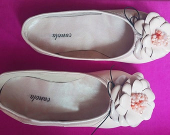 Canola Leather Rubber sole ballet flats with rose accessories for wide feet, Driving shoes, Casual shoes, Summer shoes