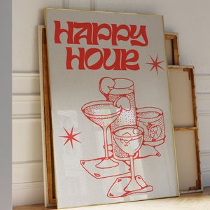 Ilustración de cóctel con diseño de happy hour en rojo retro, arte de pared, impresión, arte de carrito de bar, descarga digital instantánea