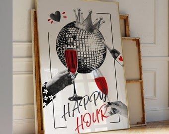 Happy Hour Disco Ball Print, Retro 70s Bar Cart Art (Digital Download)