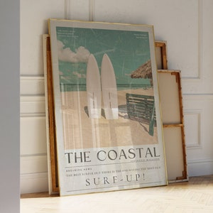Coastal Art Surf  Newspaper Print, Vintage Beachy Surfer Poster, Coastal Surf Board Wall Art, Dorm Room Decor, Surf Up Art Print
