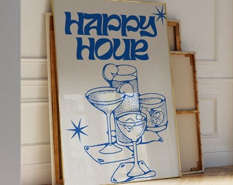 Happy Hour Cocktails Illustration Druck: Blaue Retro Barwagen Illustration (Digitaler Download)