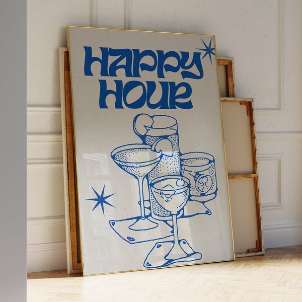 Happy Hour Poster, Cocktails Illustration Print, Bar Cart Art, Aesthetic Trendy Wall Decor, Blue Retro Wall Art, Digital Download