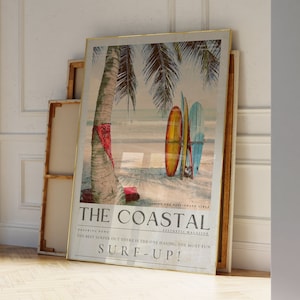 Arte mural de vaquera surfista costera, impresión de periódico vintage de los años 70, póster elegante de surfista costera de playa, impresión de tabla de surf de arte costero, regalo para surfistas