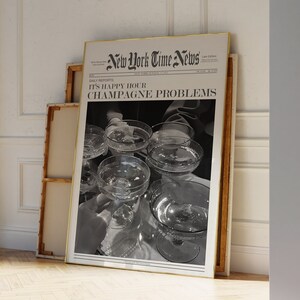 シャンパンの問題に関する新聞アートプリント、ハッピーアワープリント、寮の部屋の装飾、バーカートアートのダウンロード