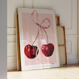 Noeud rose noué à imprimé cerise rouge, décoration de chambre coquette girly, décoration murale de chambre à coucher rouge rose, affiche cerisier aquarelle, art mural noeud rose