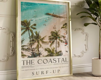 Blue Coastal Surf up Wall Art, Vintage 70&#39;s Newspaper Print, Chic Beach Surfer Poster, Surfer Gift, The Coastal Surf Magazine Retro