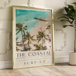Arte de pared con tema de surf costero azul, impresión de periódico vintage de los años 70, póster elegante de surfista de playa, regalo para surfistas, revista retro de surf costero.